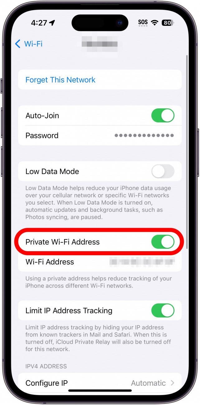 iphone wi fi settings with a red box around the private wi fi address toggle