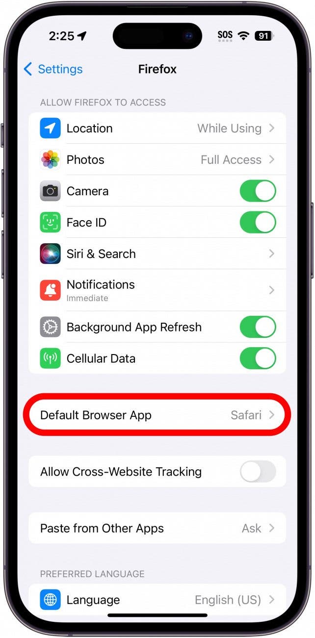 iphone firefox settings with default browser app option circled in red