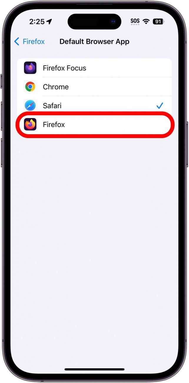 iphone default browser app settings with firefox circled in red