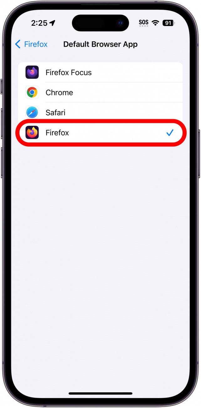 iphone default browser app settings with firefox circled in red, now with a blue checkmark next to it, indicating it is now the default app