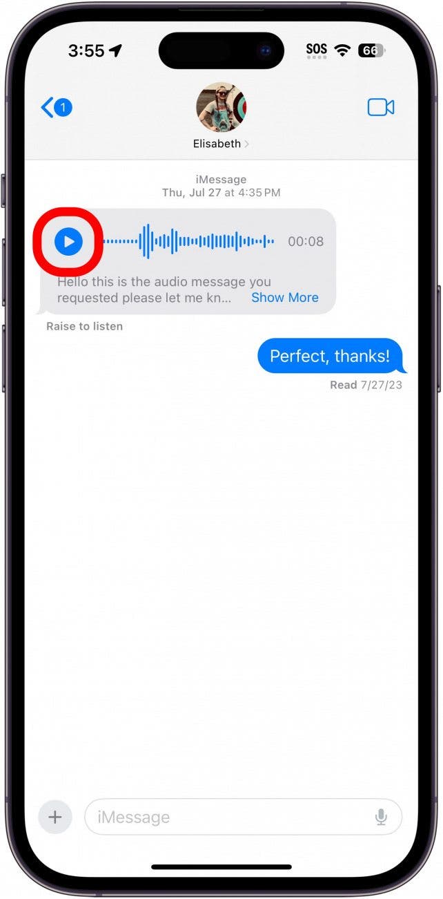 iphone messages app displaying a conversation with a voice message. there is a red box around the play button