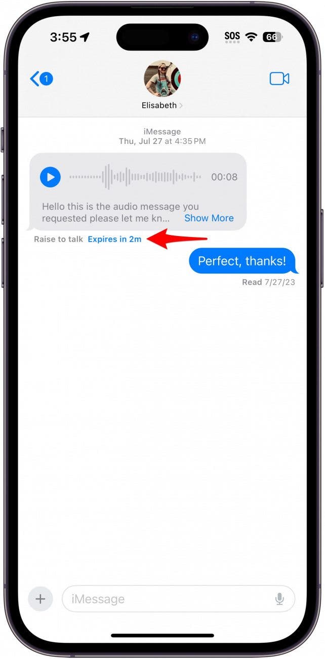 iphone messages app displaying a conversation with a voice message. there is a red arrow pointing at a message underneath the audio which reads "Expires in 2m"