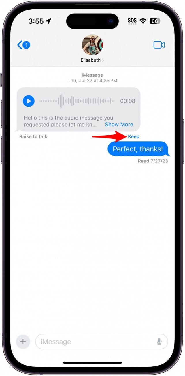 iphone messages app displaying a conversation with a voice message. there is a red arrow pointing at a message underneath the audio which reads "Keep"