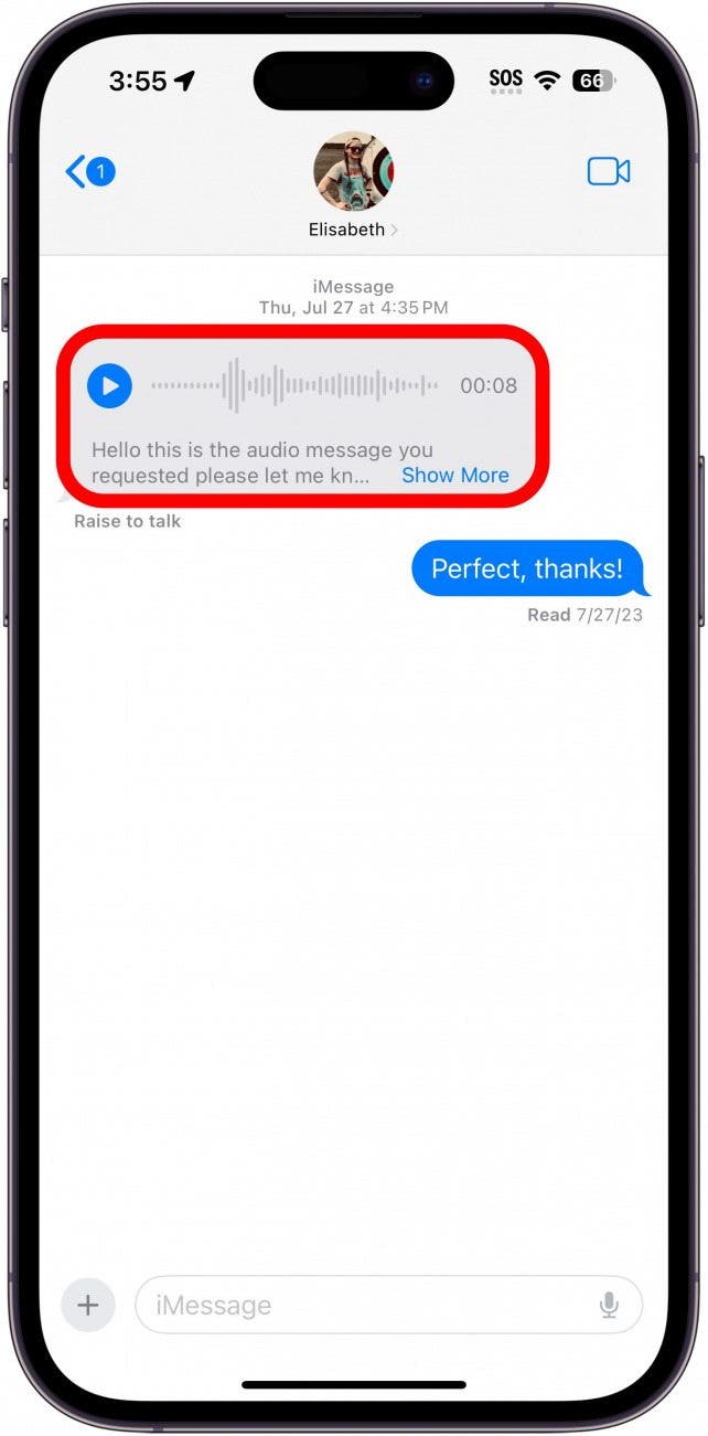 iphone messages app displaying a conversation with a voice message. there is a red box around the entire message, indicating for the user to tap and hold the message