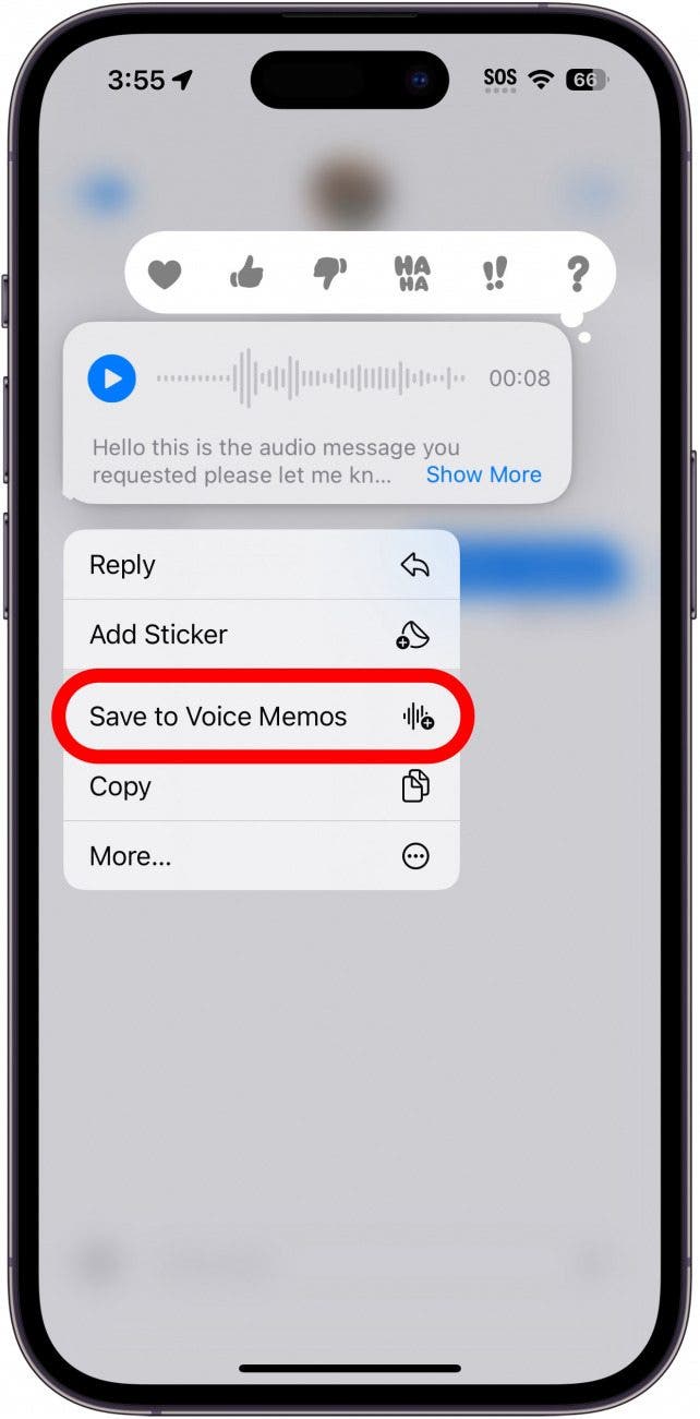 iphone messages app displaying an audio message with a menu of additional options open. There is a red box around the option, "Save to voice memos"