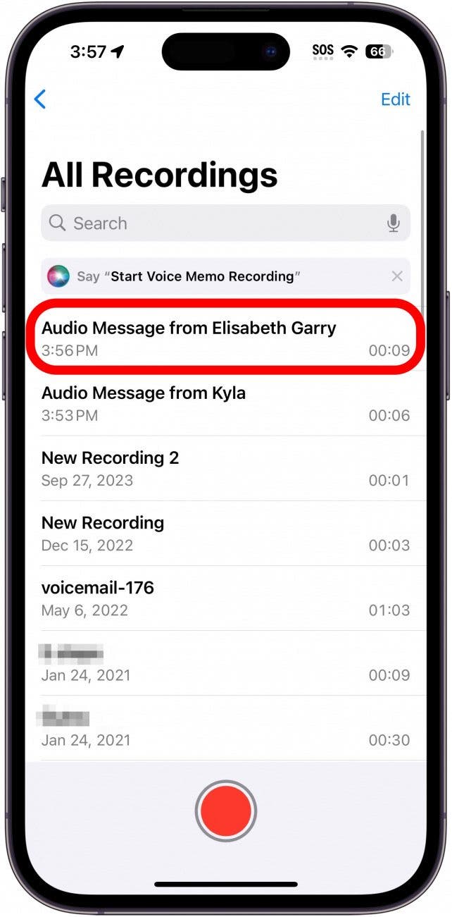 iphone voice memos app displaying a list of recordings with a red box around the most recently saved recording, "Audio message from Elisabeth Garry"