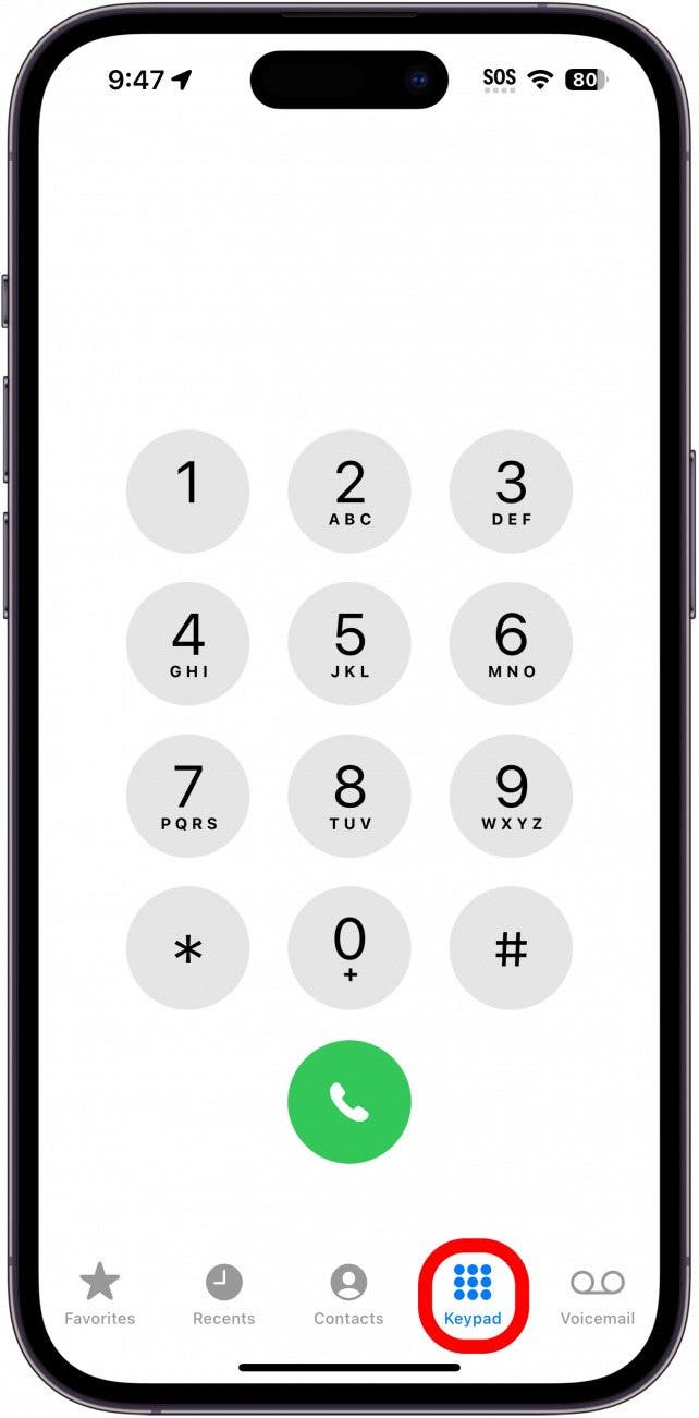 iphone phone app with a red box around the keypad tab