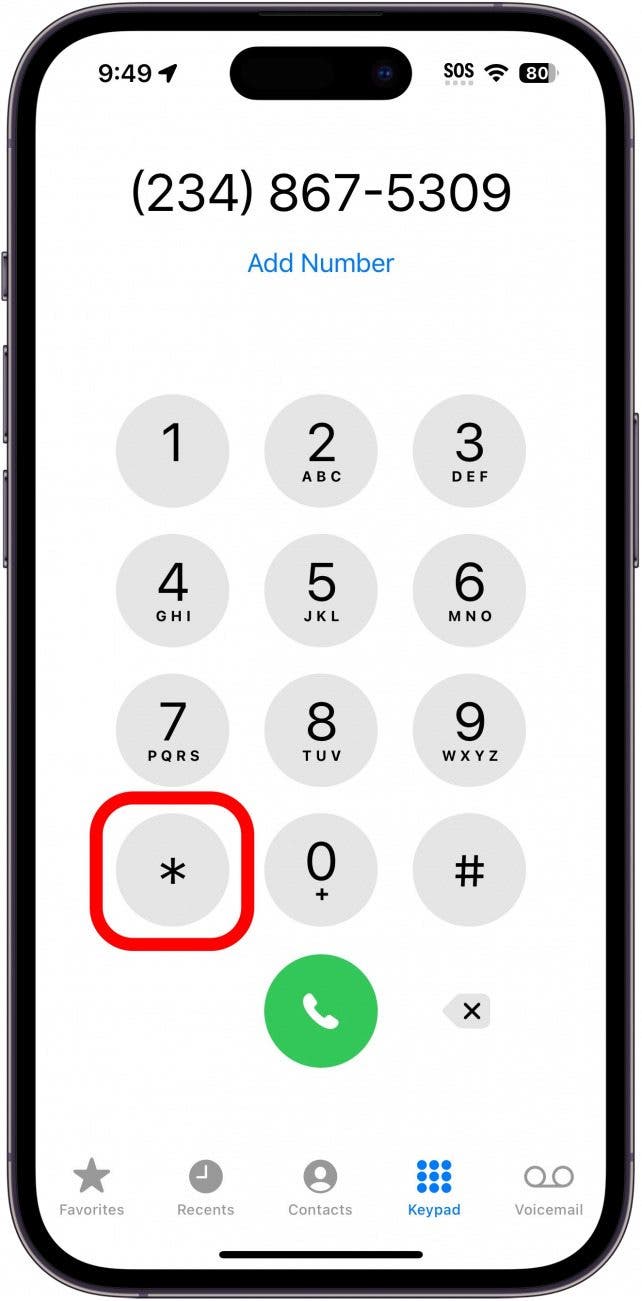 iphone phone app with a red box around asterisk key