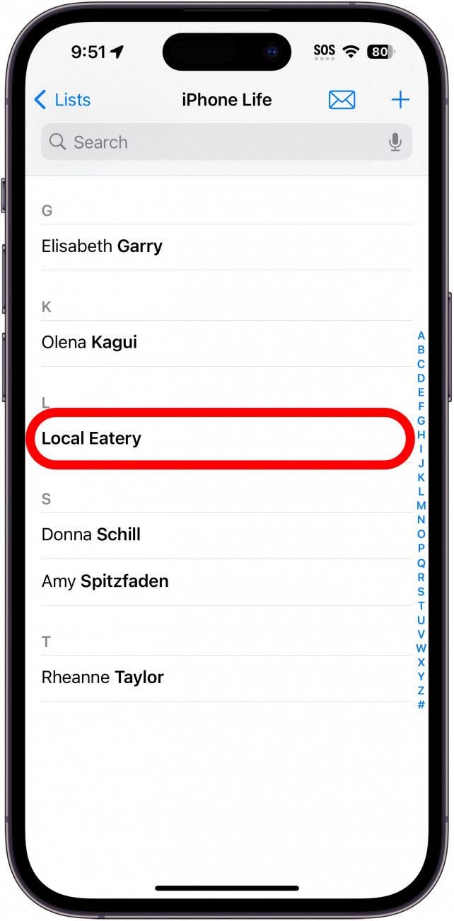 iphone contacts app with a red box around a specific contact, local eatery