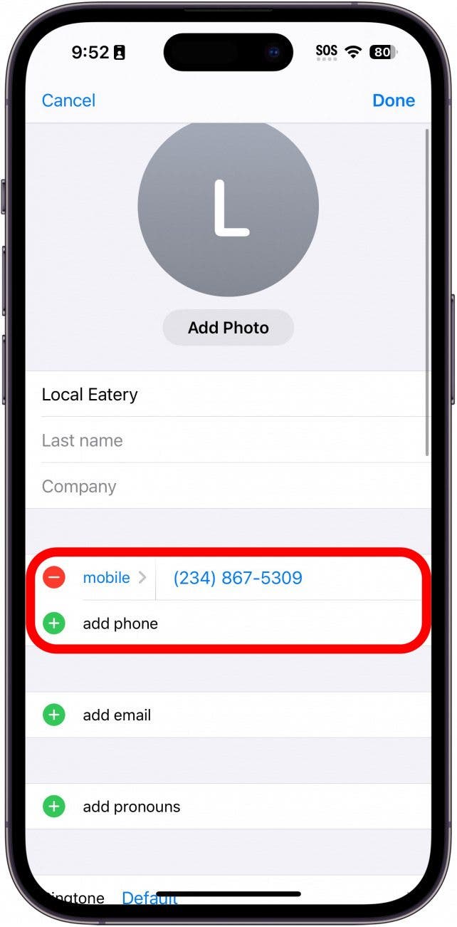 iphone edit contact screen with a red box around the phone number entry field