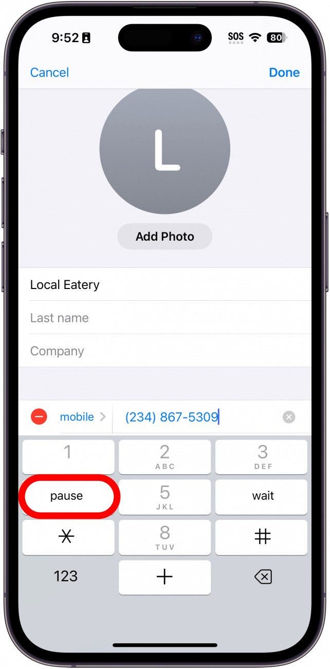 iphone edit contact phone number screen displaying a keypad and a red box around the pause button