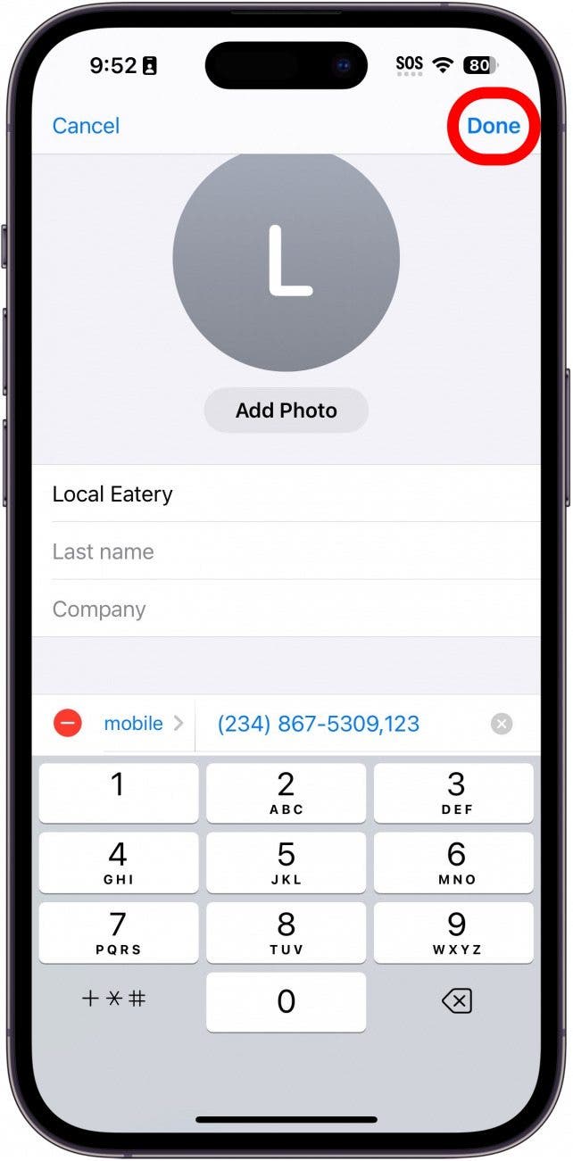 iphone edit contact screen with a red box around the done button