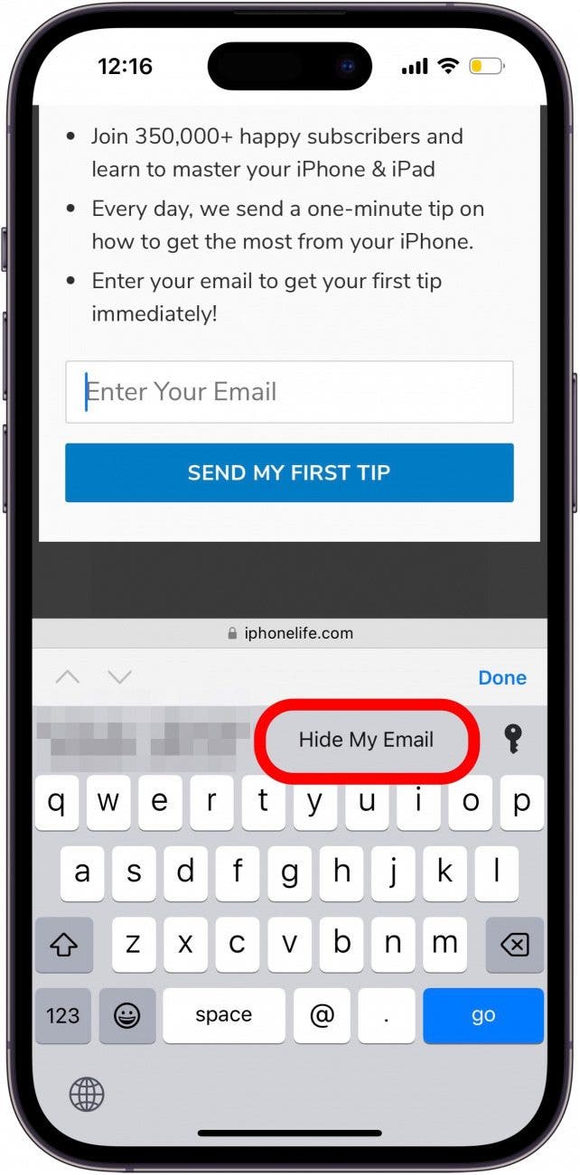 Tap Hide My Email on a website