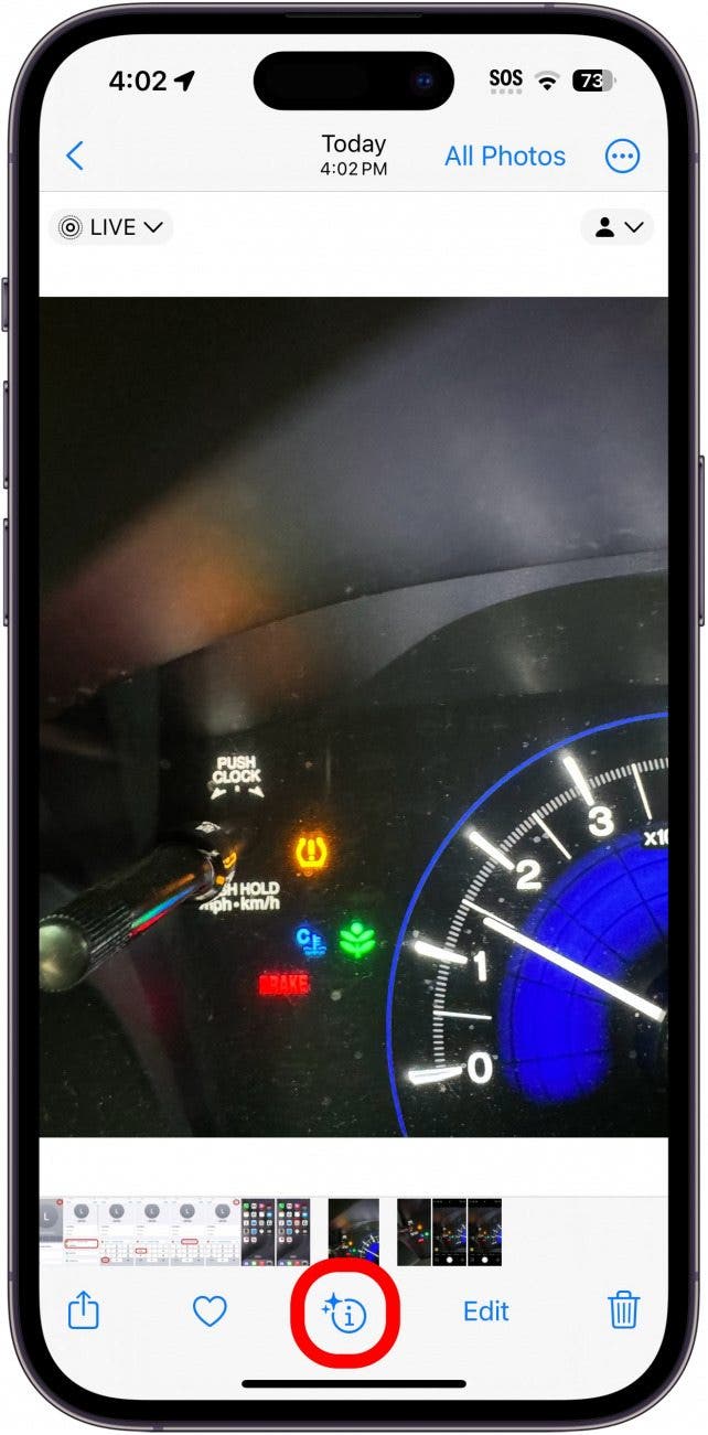 iphone photos app with a red box around the info icon