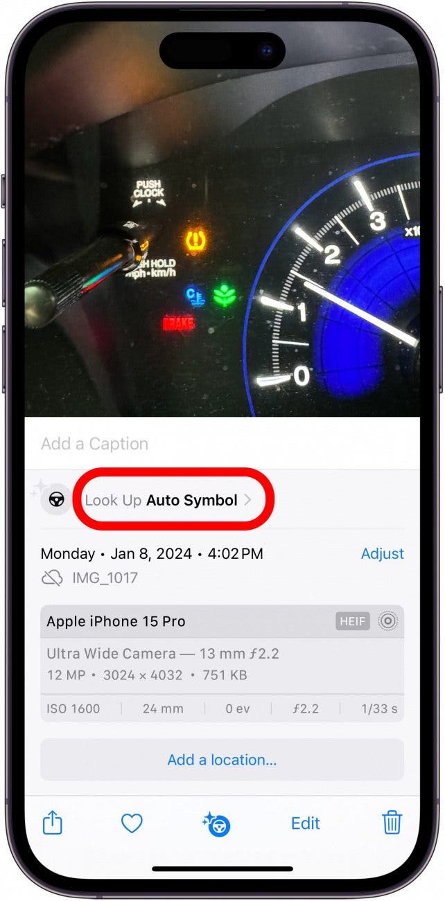 iphone photos app more info menu with a red box around a "Look up auto symbols" button
