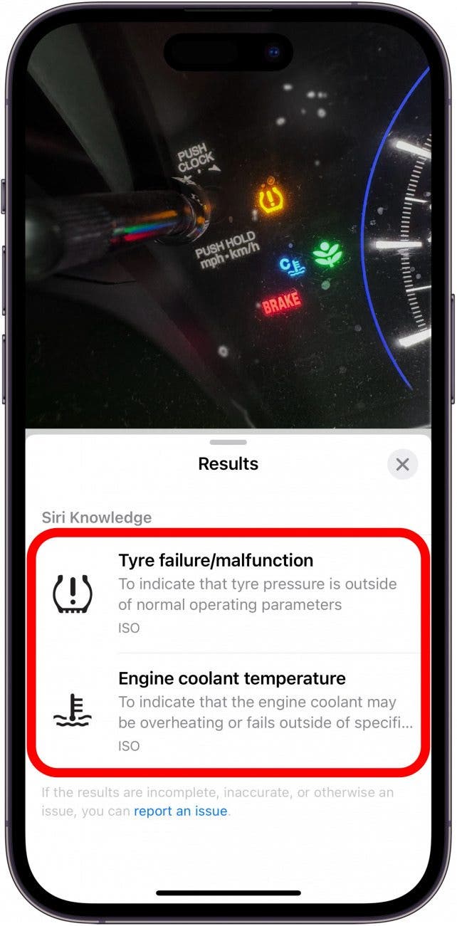 iphone visual lookup results displaying a low tire pressure symbol and its meaning, as well as a engine coolant temperature symbol and its meaning