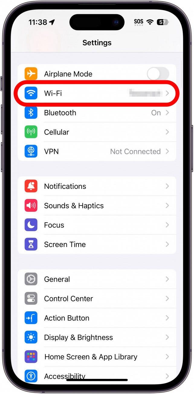 iphone settings app with wi-fi circled in red