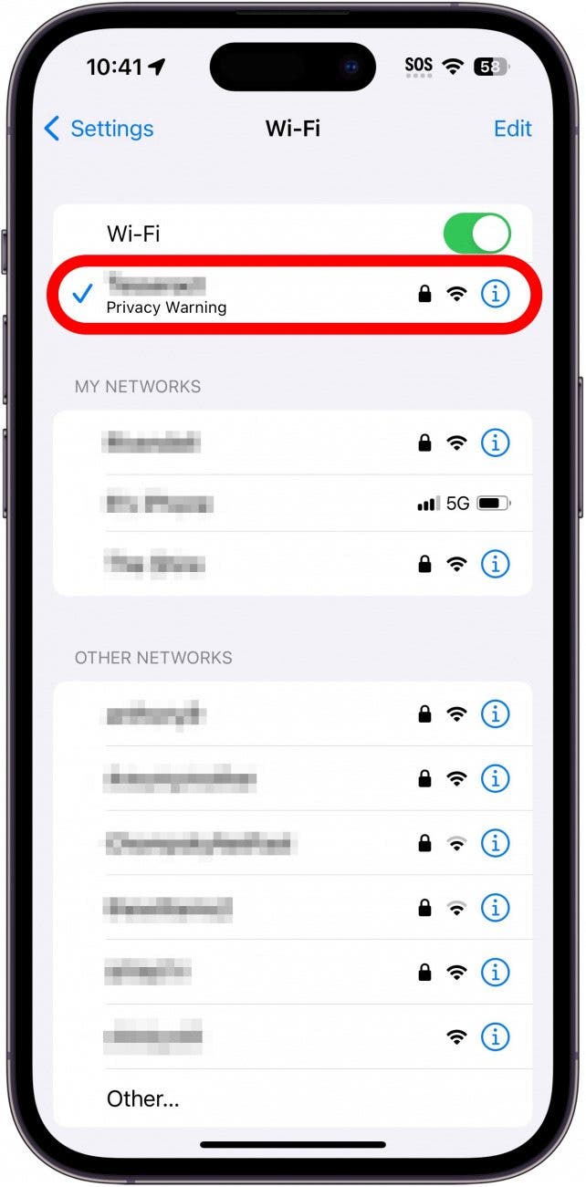 iphone wi-fi settings with connected network circled in red. there is text underneath the connected network that reads, "privacy warning."