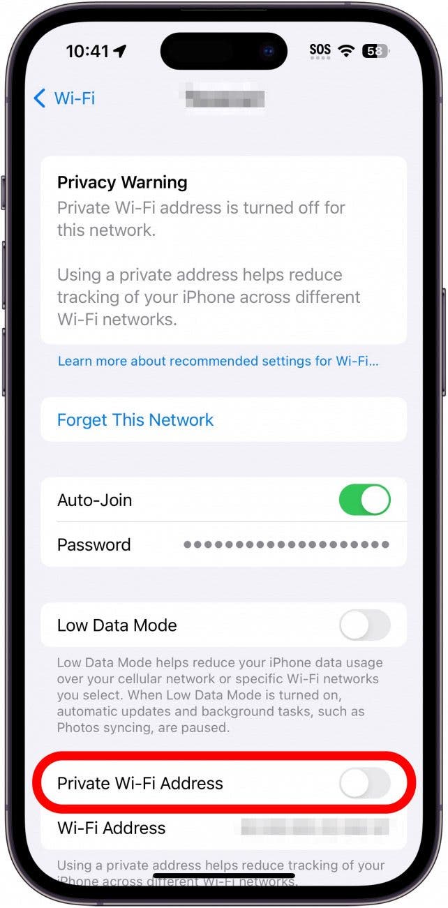 iphone wi-fi network settings with private wi-fi address circled in red