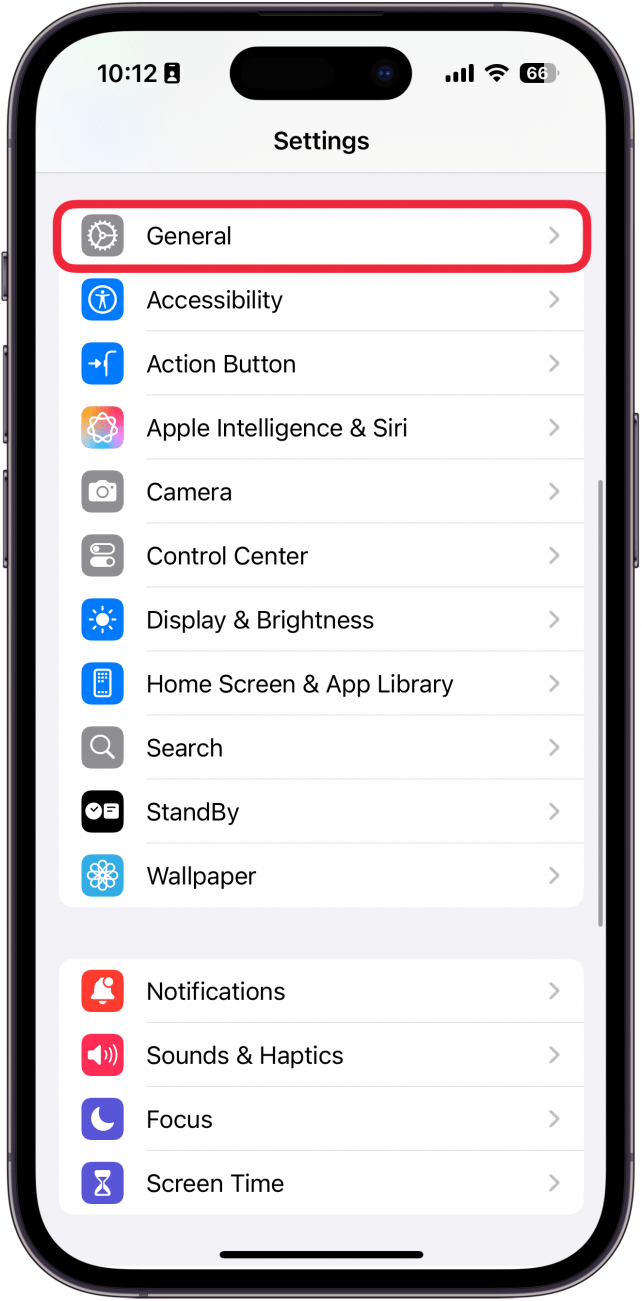 iphone settings app with a red box around general