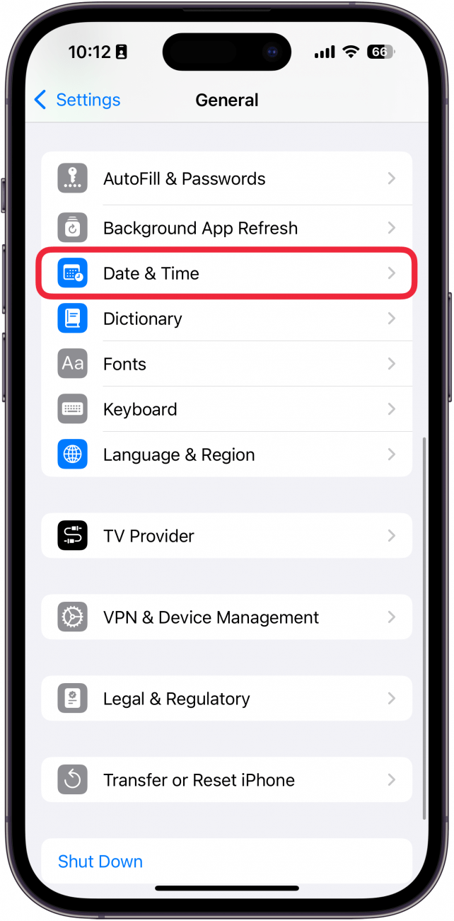 iphone general settings with a red box around date and time