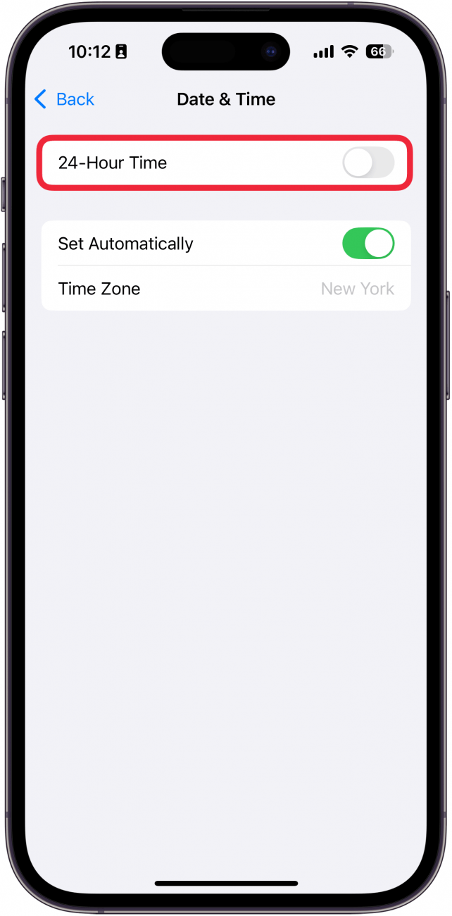 iphone date and time settings with a red box around 24-hour time toggle