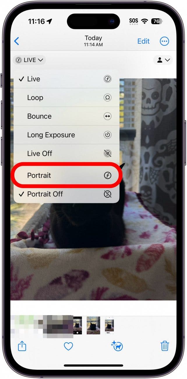 iphone photos app displaying a menu with portrait mode option circled in red