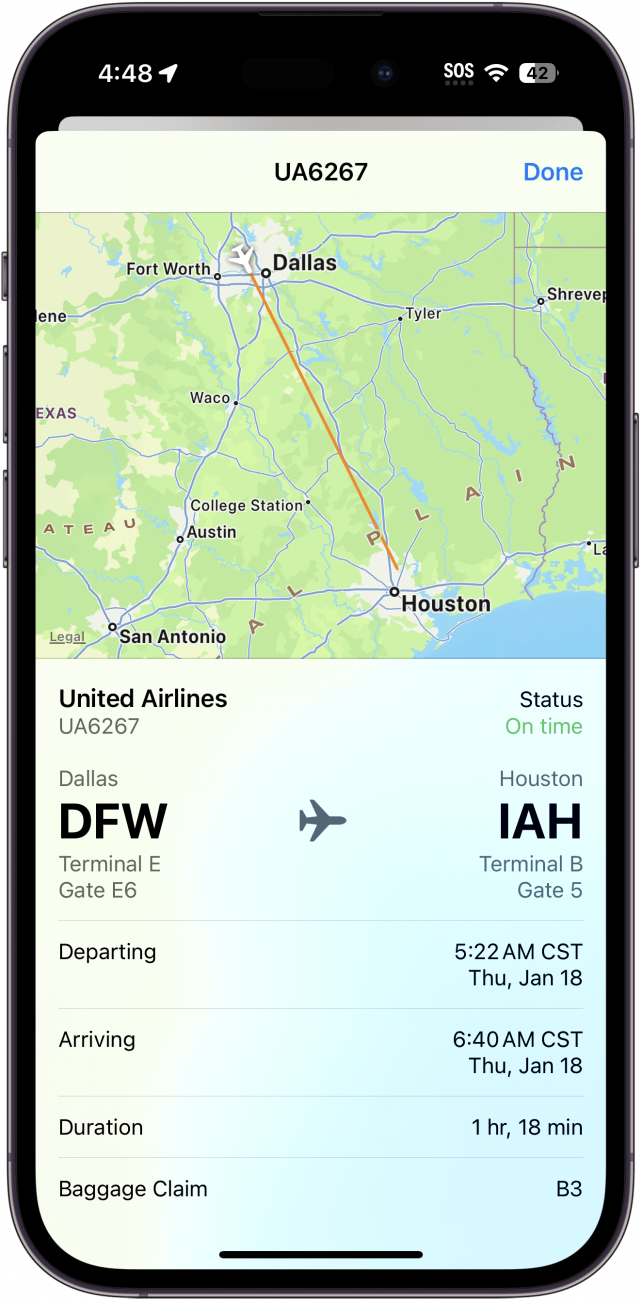 iphone flight details window showing info for a dallas fort worth flight to houston