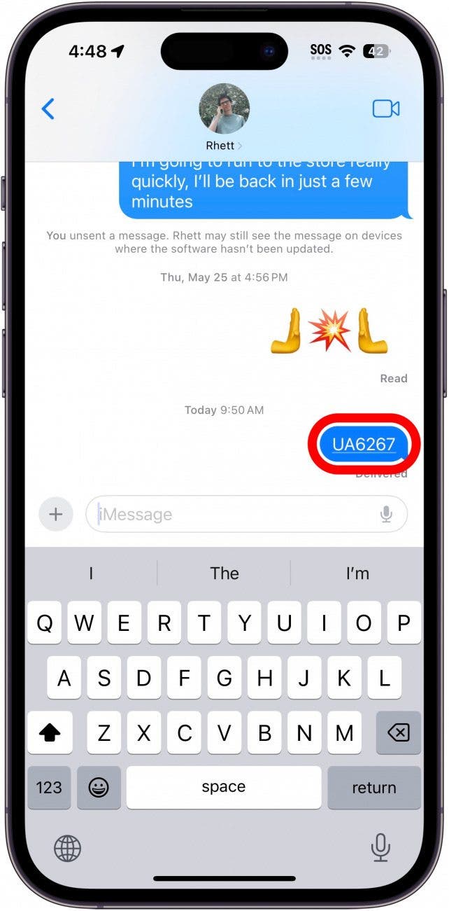 imessage conversation with a red circle around a text containing the flight number UA6267