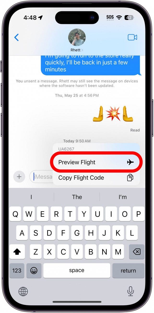 imessage conversation displaying a window with options for preview flight and copy flight code, with a red circle around the preview flight option