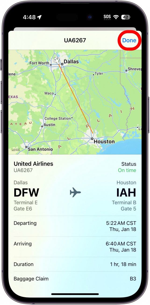 iphone flight details window with done circled in red