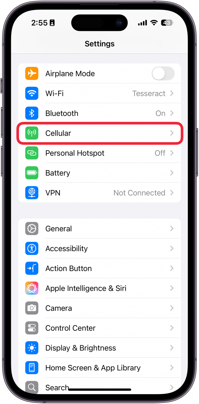 iphone settings with cellular circled in red