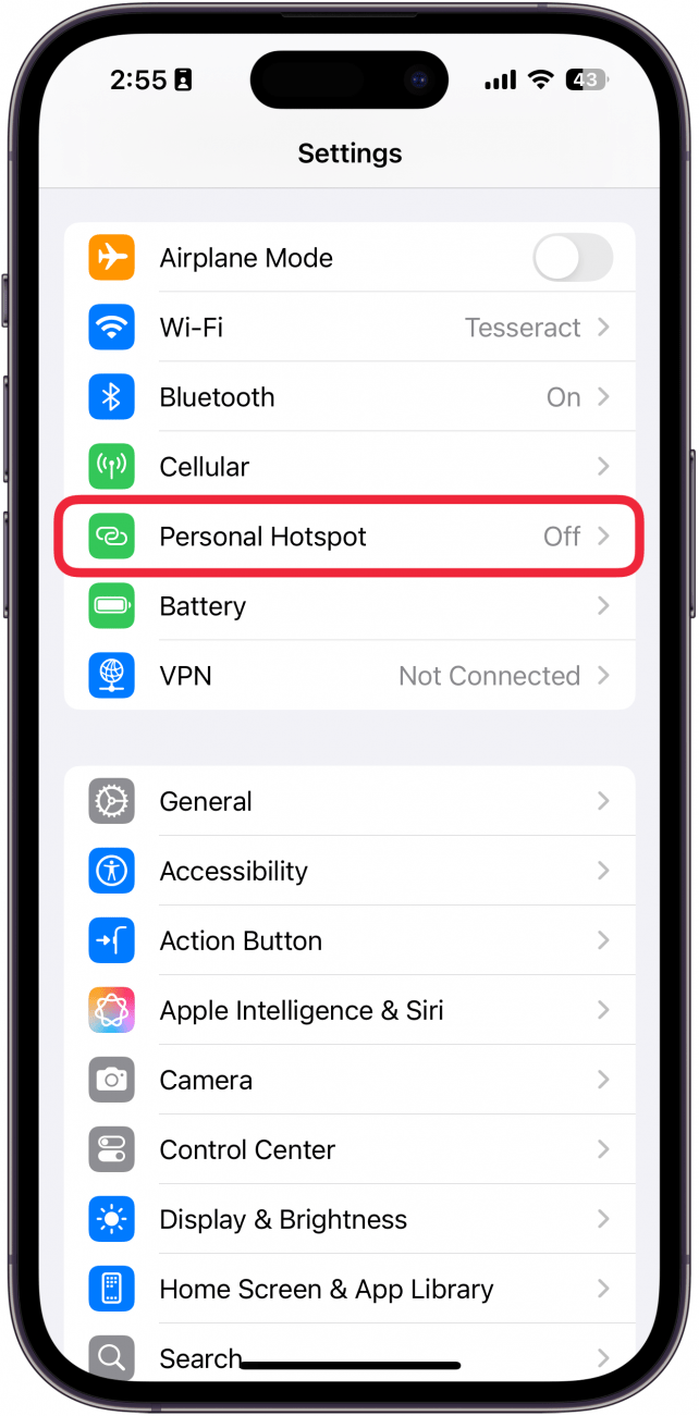 iphone settings with personal hotspot circled in red