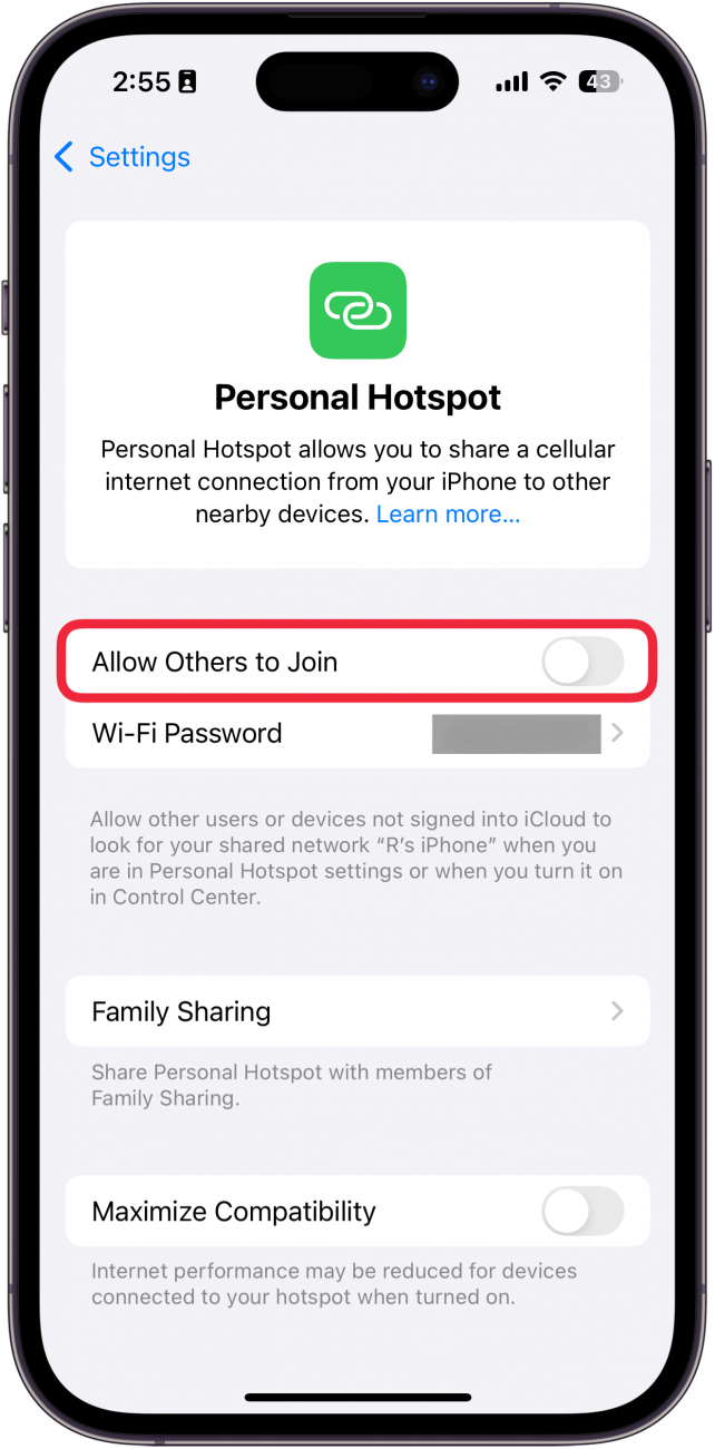 iphone hotspot settings with allow others to join toggle circled in red