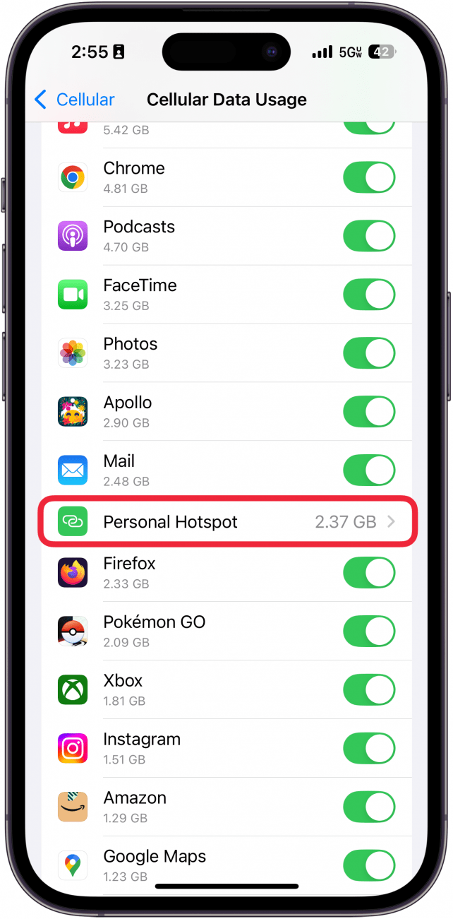 iphone cellular data settings with personal hotspot circled in red