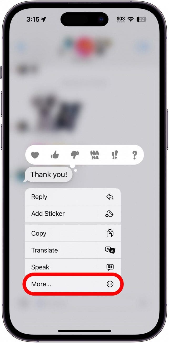 iphone messages long press menu with a red circle around the more button