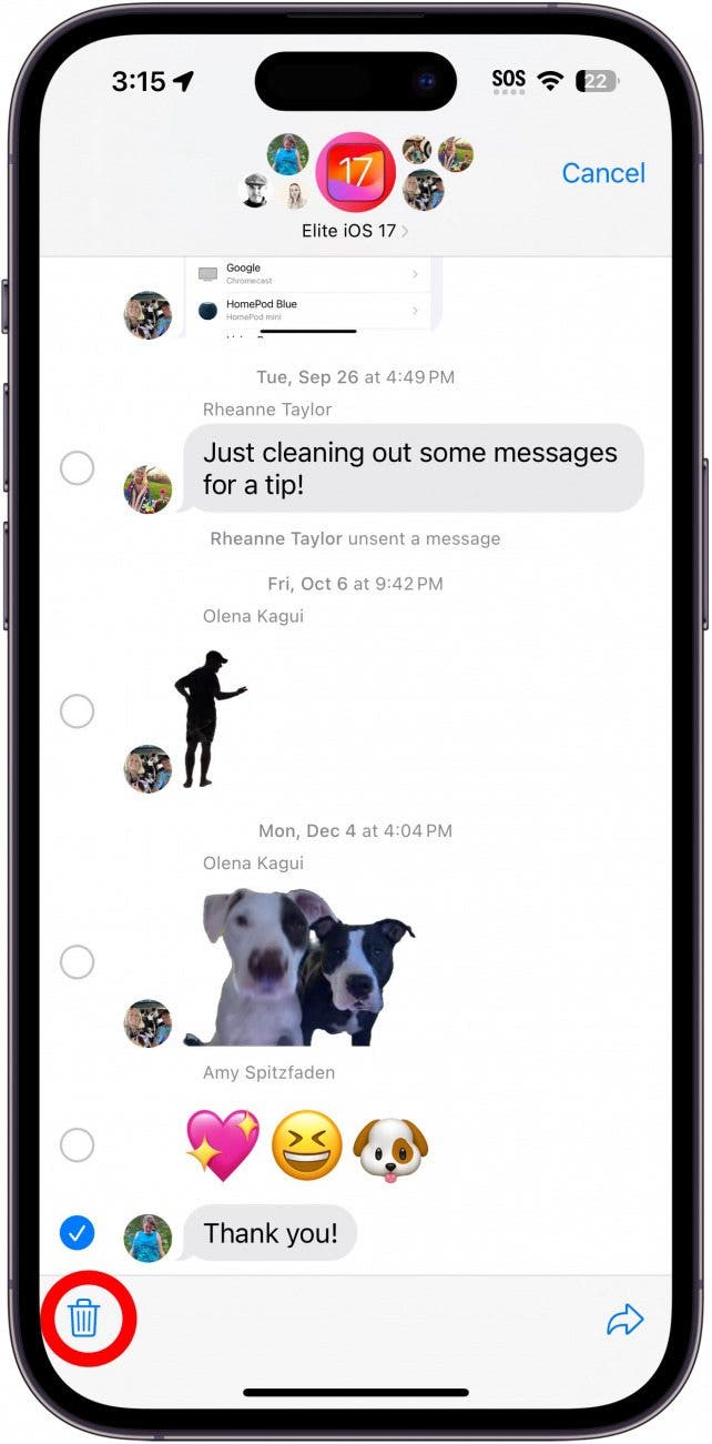 iphone imessage conversation with a red circle around the trash can icon