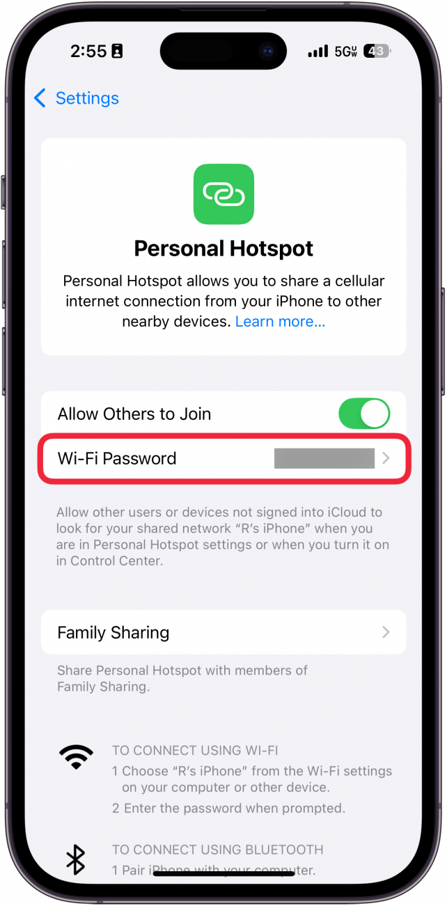 iphone hotspot settings with password circled in red