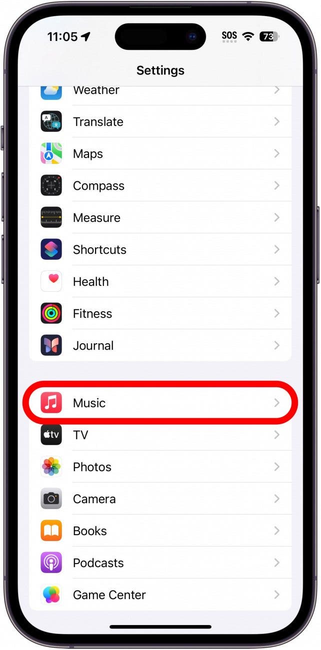 iphone settings app with music circled in red