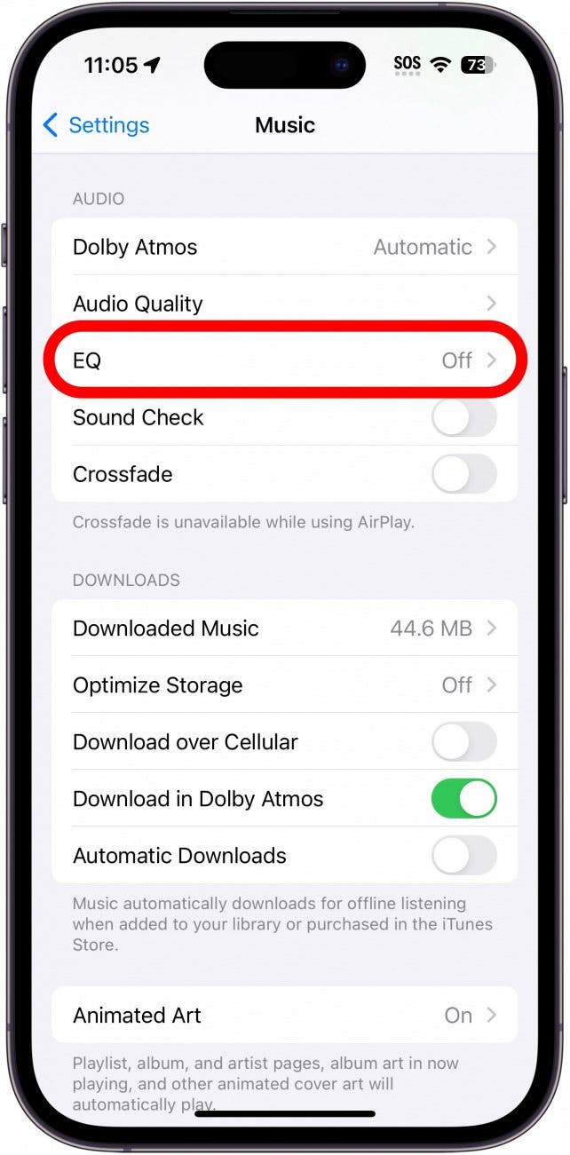 iphone music settings with eq circled in red