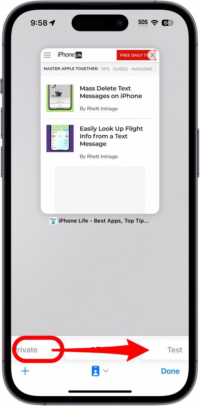 iphone safari browser with private tab circled in red, and a red arrow pointing to the right, indicating to swipe right on the tab bar