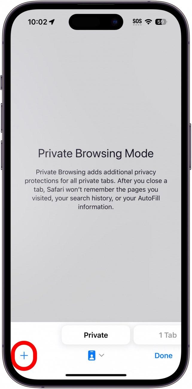 iphone safari private browser with a red circle around the plus button