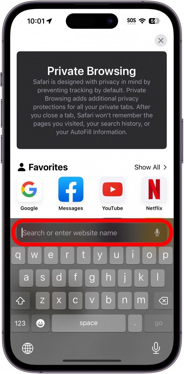 iphone safari private browser with address bar circled in red