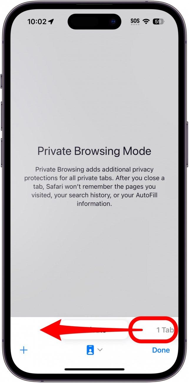 iphone safari private browser with a red circle around non-private tabs and a red arrow pointing to the left, indicating to swipe left