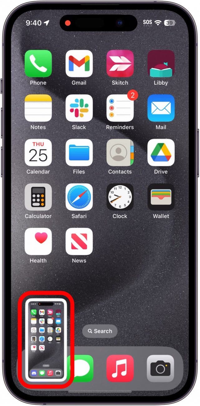 iphone home screen displaying a screenshot thumbnail in the lower left