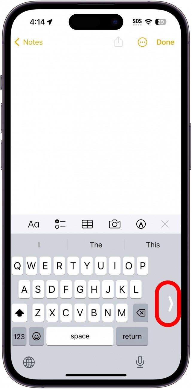 iphone with one handed keyboard on screen with a red circle around a right facing arrow, which will collapse the one handed keyboard