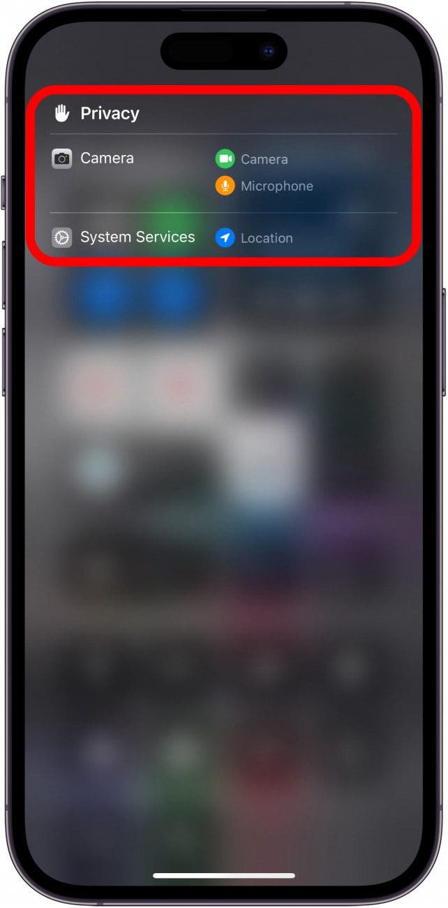 iphone control center displaying privacy icons