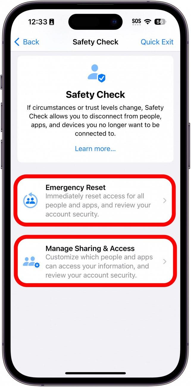 iphone privacy settings showing security check screen with red boxes around the emergency reset and and manage sharing & access buttons