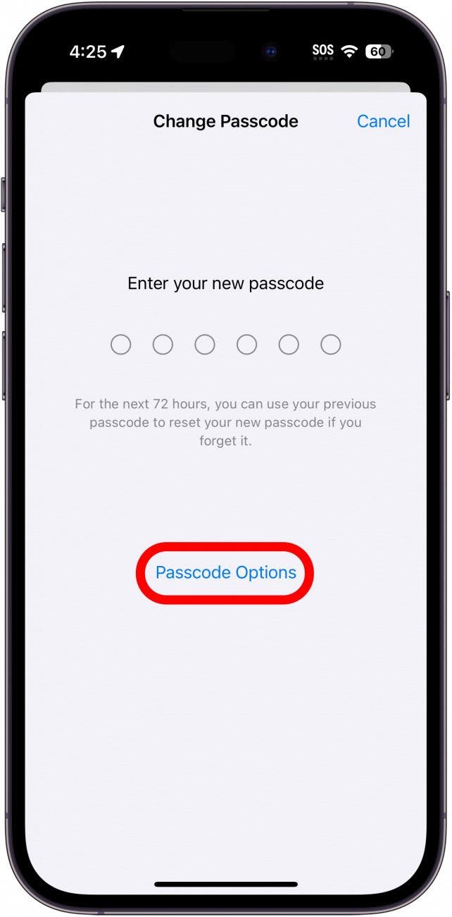 iphone change passcode screen with passcode options circled in red