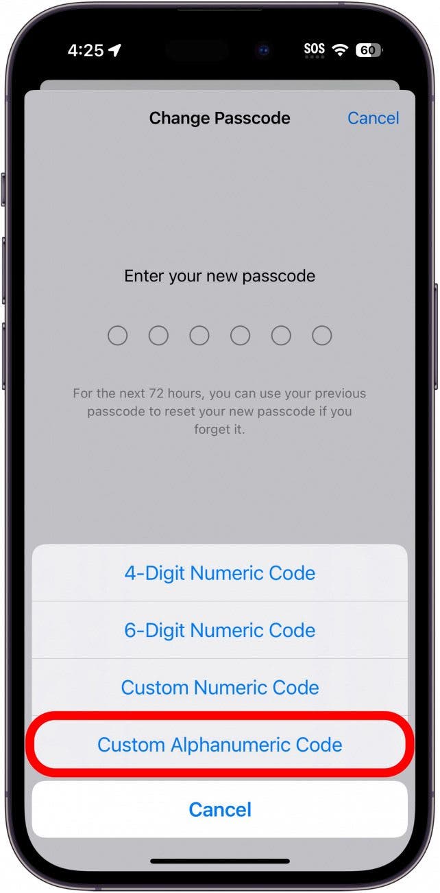 iphone change passcode screen with custom alphanumeric passcode circled in red